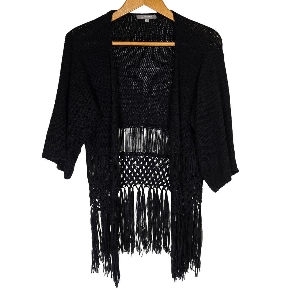 NY Collection Open Knit Cover Up Sweater Fringe Swim Beach Bohemian M - Picture 1 of 8
